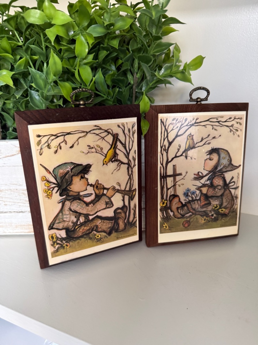 Hummel Framed Rustic Brown Plaque Pair w/Soft Green and Yellow Accents Vintage